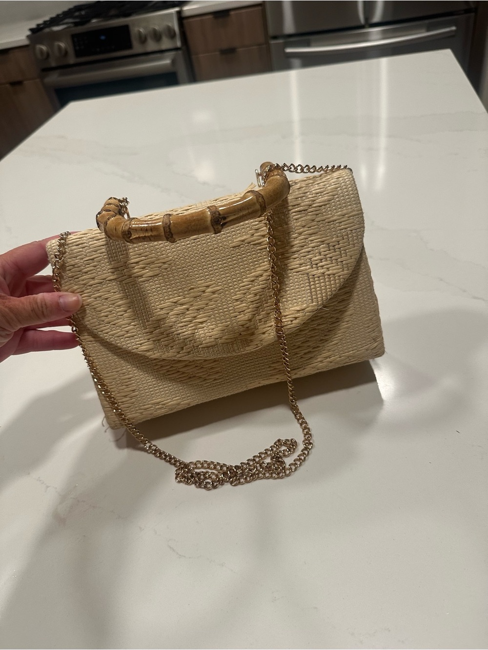 Woven Straw Bamboo Handle Shoulder Bag - Natural
